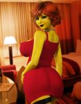 1_girl 3d ass bed bedroom big_ass big_breasts black_eyes breasts brown_hair dress female female_only indoors looking_at_viewer looking_back maude_flanders milf rasmus-the-owl solo standing the_simpsons yellow_skin