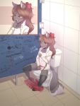 2016 anthro bathroom blush brown_eyes brown_hair clothing cub fingering fur furry graffiti grey_fur hair hair_bow hair_ribbon humanoid_pussy legwear licking_fingers nipple_stimulation nipples one_eye_closed panties pink_nipples pink_nose ponytail public_restroom public_toilet pussy pussy_juice restroom_stall ribbons school_uniform shirt sitting skirt socks tic-tac-toe toilet underwear uniform white_fur wink zorak_(artist)