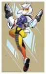 1girl anthro ass border boss_monster caprine cosplay crossover full_body furry goat gun horn looking_back loupgarou mammal monster overwatch ranged_weapon smile symbol toriel tracer_(overwatch) undertale video_games weapon white_border