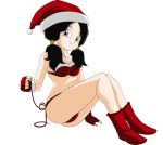 1girl bikini black_hair blue_eyes boots breasts christmas cute dragon_ball dragon_ball_z hat long_hair looking_at_viewer smile videl