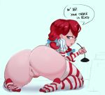  1girl anus ass bard-bot big_ass feet huge_ass presenting_hindquarters pubic_hair pussy simple_background speech_bubble stockings striped_legwear text wendy&#039;s wendy_(wendy&#039;s) 