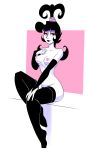 1girl beetlejuice big_breasts black_eyes black_hair black_legwear breasts bridal_gauntlets female goth lipstick looking_at_viewer lydia_deetz makeup navel nipples nude pale_skin pubic_hair sitting smile solo thighhighs whatsalewd