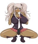  big_breasts breasts cleavage danganronpa dark_skin double_v enoshima_junko erect_nipples female hair_ornament junko_enoshima musuka_(muska) nipples solo squatting v 