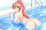 1girl 3:2_aspect_ratio alfred_cullado alluring ass bangs bent_over breasts circlet closed_mouth eyebrows_visible_through_hair green_eyes hair_between_eyes high_ponytail high_resolution long_hair looking_at_viewer looking_back medium_breasts nude partially_submerged pool pyrrha_nikos red_hair rwby shiny shiny_hair shiny_skin sideboob smile swimming_pool very_long_hair watermark