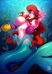  1boy 1girl big_areola big_breasts bra_removed breasts disney female fish flounder lactation large_breasts mermaid milk princess_ariel puffy_areola pupuliini red_hair seashell_bra the_little_mermaid underwater 