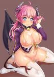 1girl big_breasts blue_eyes blush breasts bukkake cum curvy cute demon_girl hair horns long_hair looking_at_viewer narane nipples pink_hair pointed_ears sitting smile succubus tail wings