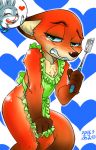 1girl 2016 anthro apron blood blush canine chest_tuft clothed clothing covering covering_self disney duo embarrassed fox fur furry green_eyes grey_fur heart holding_object inner_ear_fluff judy_hopps lagomorph mammal naked_apron nick_wilde nosebleed one_eye_closed pattern_background pictographics rabbit simple_background solo_focus spatula teeth thumbs_up tuft wink zootopia あおいたかゆき