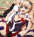 @_@ big_breasts blonde_hair breasts cleavage danganronpa drill enoshima_junko female hairu junko_enoshima long_hair monokuma nail_polish necktie open_mouth plaid plaid_skirt sex_toys skirt smile spread_legs thighs