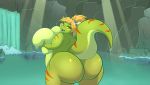 anthro ass bbw big_ass big_breasts bone breasts bubble_butt cave dinosaur hair lake looking_back nude orange_hair ponytail red_eyes reptile scalie shiny shiny_skin smile water waterfall wet wide_hips