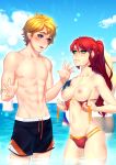 1boy 1girl 1girl abs bikini blonde blue_eyes cloud embarrassed exhibitionism grapesliime green_eyes high_resolution jaune_arc long_hair looking_at_another male ocean outside patreon_reward presenting presenting_breasts public pyrrha_nikos red_hair rwby sky someone_can_see swimming_trunks swimsuit tied_hair toned water wet