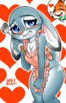 1girl 2016 anthro apron blood blue_eyes blush breasts buckteeth canine chest_tuft cleavage clothed clothing disney duo embarrassed fox fur furry grey_fur heart inner_ear_fluff judy_hopps ladle lagomorph mammal naked_apron nick_wilde nosebleed pattern_background pictographics rabbit simple_background solo_focus teeth thumbs_up tuft wide_hips zootopia あおいたかゆき