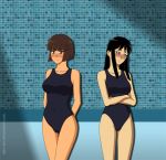 big_breasts breasts brown_eyes brown_hair crossover dark-skinned_female dora_marquez dora_the_explorer elec-ant elec-ant_(artist) kai-lan_chow latina mexican ni_hao_kai-lan nick_jr. nickelodeon one-piece_swimsuit school_swimsuit sukumizu swimsuit