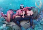  1boy 2_girls 2girls artofazrael breath_of_the_wild crossover disney erection fellatio licking_penis male/female mermaid mipha oral penis penis_in_mouth princess_ariel red_hair scuba scuba_diver the_legend_of_zelda the_little_mermaid underwater 