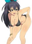 1girl ass bent_over big_breasts bikini black_hair blue_eyes breasts curvy cute fang ganaha_hibiki hair idolmaster kagemusha long_hair looking_at_viewer smile