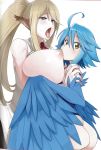 2girls ass big_breasts blonde_hair blue_eyes blue_hair blush breasts centorea_shianus cute green_eyes hair long_hair looking_at_viewer monster_girl monster_musume multiple_girls nipples open_mouth papi_(monster_musume) pointed_ears saliva short_hair tongue wings