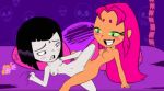 2girls bed black_hair blush breasts cute gif green_eyes long_hair looking_at_another multiple_girls nipples nude pillow pink_hair pussy raven_(dc) scissoring sex short_hair smile starfire teen_titans teen_titans_go tribadism yuri