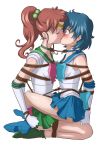 2girls ami_mizuno art bare_legs bishoujo_senshi_sailor_moon blue_eyes blue_hair blue_skirt blush bondage brown_hair choker closed_eyes dress earrings elbow_gloves full_body girl_on_top gloves green_skirt hair hair_bobbles jewelry kino_makoto kissing kneel legs long_hair looking_at_another magical_girl makoto_kino mizuno_ami multiple_girls ponytail sailor_jupiter sailor_mercury school_uniform serafuku short_hair sitting sitting_on_person skirt surprised tiara white_gloves yukas-armstrong yukas-armstrong_(artist) yuri