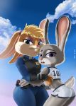 1girl 2016 anthro blonde_hair blue_eyes buckteeth clothed clothing cloud crossover disney duo eyelashes eyeshadow fur furry grey_fur hair half-closed_eyes high_res judy_hopps lagomorph lola_bunny looking_at_viewer looking_back looney_tunes makeup mammal mr-shin open_mouth police_uniform purple_eyes rabbit sky teeth uniform warner_brothers zootopia