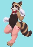  1girl action_pose anthro bulge clothed clothing crossdressing embarrassed furry gloves guardians_of_the_galaxy legwear looking_away male mammal marvel raccoon rocket_raccoon seth-iova shirt_cuffs 