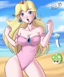 1-up 1_girl blonde_hair earings female female_only hair human human_only long_hair louis_black_78 non-nude one-piece_swimsuit princess_peach solo standing super_mario super_mario_bros. swimsuit