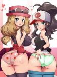 2girls ass big_ass big_breasts breasts chro_(rulurullu) hand_on_ass heart hilda looking_at_viewer looking_back lowres multiple_girls panties pokemon pokemon_bw pokemon_xy print_panties printed_panties serena serena_(pokemon) sexy_ass skirt skirt_lift sweatdrop touko_(pokemon)