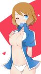 1girl big_breasts blue_eyes blush breasts brown_hair condom cosplay cross-dressing cute hair heart looking_at_viewer nipples open_shirt panties pokemon pokemon_xy serena serena_(pokemon) short_hair smile underwear wink