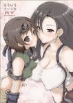 2girls art artist_request babe big_breasts black_hair blush breasts brown_hair cleavage erect_nipples final_fantasy final_fantasy_vii hair incipient_kiss long_hair multiple_girls short_hair tifa_lockhart yuffie_kisaragi yuri