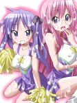  2girls big_breasts blush breasts bukkake cheerleader cum cute glasses hair hiiragi_kagami long_hair looking_at_viewer lucky_star multiple_girls nipples pink_hair purple_eyes purple_hair smile takara_miyuki twin_tails 