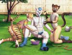  3boys anthro ark_warrior blue_eyes bucket caressing_testicles cleaning erection feline furry garden grass kenta_husky kittykorn male male/male mammal nude penis rainbow_stripes shadow sponge stripes tail tiger tree ty_hanson water water_bowl wet wooden_fence yaoi 