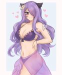 1girl 1girl 1girl alluring alternate_costume bare_shoulders big_breasts bikini blush camilla_(fire_emblem) cleavage cowboy_shot fake_horns female_only fire_emblem fire_emblem_fates fire_emblem_heroes flower hair_flower hair_ornament heart high_res horns long_hair looking_at_viewer navel nintendo official_alternate_costume purple_bikini purple_eyes purple_hair purple_swimsuit purrlucii sarong standing stomach swimsuit thighs very_long_hair white_flower