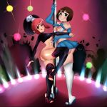 2_girls 2girls ass audience blush breasts brown_eyes brown_hair hair hat headgear high_heels jakuzure_nonon kill_la_kill looking_at_viewer mankanshoku_mako miniskirt multiple_girls nipples pink_hair short_hair smile stage stockings strip_club stripper_pole