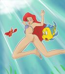  1girl 2boys alternate_species anus ass barefoot bra bra_only crab crustacean disney feet female feral fish flounder freediving higon human male marine ocean princess_ariel pussy sea sebastian shell_bra swimming the_little_mermaid topless underwater water 