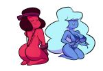 1girl 2girls alien ass bikini blue_hair blue_skin blush breasts bubble_butt cleavage closed_eyes gloves hair herny long_hair multiple_girls red_hair red_skin ruby sapphire shiny shiny_skin sling_bikini smile steven_universe