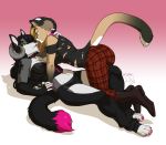  1girl anthro bedroom_eyes breasts canine clothed clothing collar duo ear_piercing feline female/female furry gradient_background half-closed_eyes horn hybrid kittydee lying mammal on_back piercing seductive simple_background smile torn_clothes 