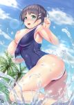 1girl ass big_breasts black_hair blue_eyes blush breasts cute hair kawase_seiki kirigaya_suguha looking_at_viewer nipples short_hair swimsuit sword_art_online water