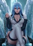  1girl 1girl 1girl akame_ga_kill! blue_eyes blue_hair blush chest_tattoo crossed_legs curvaceous curvy esdeath female_only high_res high_resolution huge_breasts human ice leash long_hair looking_at_viewer sciamano240 seductive seductive_smile sitting solo_female thick_thighs 