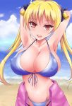 1girl bakuon!! beach big_breasts bikini blonde_hair blush breasts brown_eyes cute hair long_hair looking_at_viewer nipples ocean sayo_ayato smile suzunoki_rin twin_tails