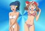 2_girls 2girls :d alluring alternate_hair_style alternate_hairstyle arm_crossed bikini crossed_arm d4viants dawn deviantart hand_behind_head haruka_(pokemon) hikari_(pokemon) looking_at_viewer may multiple_girls pokemon pokemon_(anime) ponytail red_bikini smile striped_bikini white_bikini