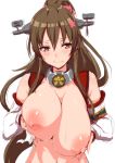 1girl 1girl 1girl anthropomorphization areola blush breast_lift breasts breasts_out_of_clothes brown_eyes brown_hair cherry_blossom clavicle clearite detached_sleeves erect_nipples flower hair_flower hair_ornament high_resolution huge_breasts kantai_collection long_hair looking_away midriff navel nipples ponytail simple_background sketch sweat tied_hair very_long_hair white_background yamato_(kantai_collection)