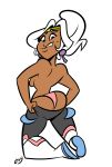 1girl alien ass big_ass black_eyes boots breasts combat_suit dark_skin dressing justindurden long_hair looking_back looking_down panties pink_panties princess princess_allura sweat thong tiara topless voltron voltron_legendary_defender white_background white_hair