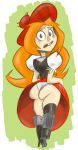  1girl black_eyes blush embarrassing freckles genderswap green_background gun hat justindurden long_hair looking_back orange_hair panties samurai_jack skirt skirt_lift the_scotsman weapon white_panties 