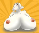  1girl 1girl 2016 anthro areola big_breasts boss_monster breasts caprine colored fur furry goat half-closed_eyes horn huge_breasts hyper hyper_breasts looking_at_viewer mammal nipples nude toriel undertale video_games weasselk white_fur 