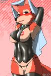 1girl anthro armpits blush breasts brooch canine clothing disney elbow_gloves fox fur furry gloves hands_behind_head heart legwear maid_marian mammal nipples open_mouth red_fox red_fur robin_hood_(disney) smile stockings yukaran_nosuke