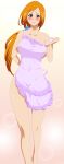 apron big_breasts bleach breasts hair inoue_orihime milf naked_apron nude orange_hair purple_eyes stiky_finkaz