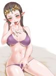  1girl 1girl 1girl alluring ass_visible_through_thighs bikini blue_eyes blush brown_hair female_masturbation high_res licking long_hair masturbation navel nintendo open_mouth pointy_ears princess_zelda smile swimsuit the_legend_of_zelda tongue_out twilight_princess wasabi_(legemd) zelda_(twilight_princess) 