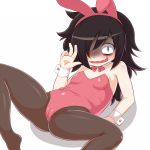  animal_ears bags_under_eyes black_hair blush bunny_ears bunny_girl bunnysuit cameltoe detached_collar green_eyes hair_over_one_eye kuroki_tomoko leotard monugaeru pantyhose ribbon smile solo spread_legs tights v watashi_ga_motenai_no_wa_dou_kangaetemo_omaera_ga_warui! 