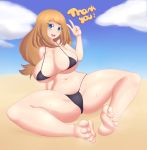 big_breasts bikini blue_eyes blush breasts brown_hair cleavage feet female jcdr looking_at_viewer micro_bikini open_mouth pokemon pokemon_(game) pokemon_xy serena serena_(pokemon) smile soles solo sweat swimsuit toes v