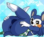 1girl abstract_background animal_crossing anthro anus apron ass blush bottomless clothed clothing edit furry hedgehog highres legs_up mabel_able mammal moneychan naked_apron nintendo presenting pussy text video_games