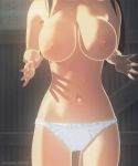  1girl animated big_breasts black_hair blush breast_press breast_squeeze breasts brown_eyes curvy cute gif hair long_hair looking_at_viewer nipples panning_up panties smile topless underwear 