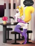  1girl 2016 anthro beverage breasts cat chair clothing coffee feline flower fur furry hair lamp looking_at_viewer mammal nude plant pussy sertaa table vase 